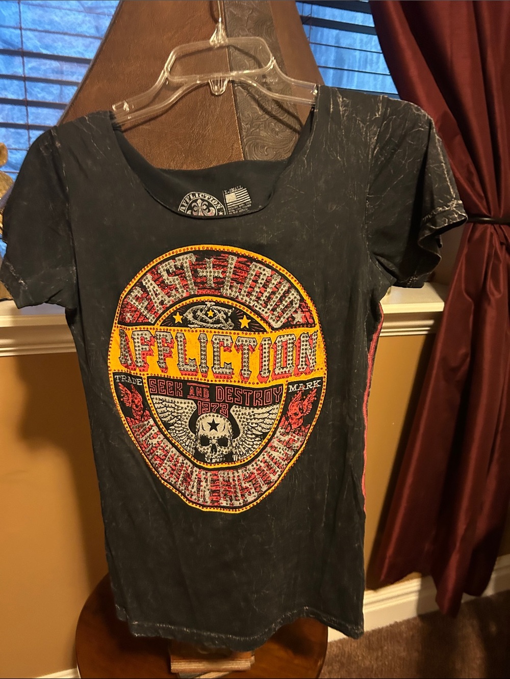 Affliction Women's Black Short-Sleeve Graphic Tee with Yellow & Red Emblem